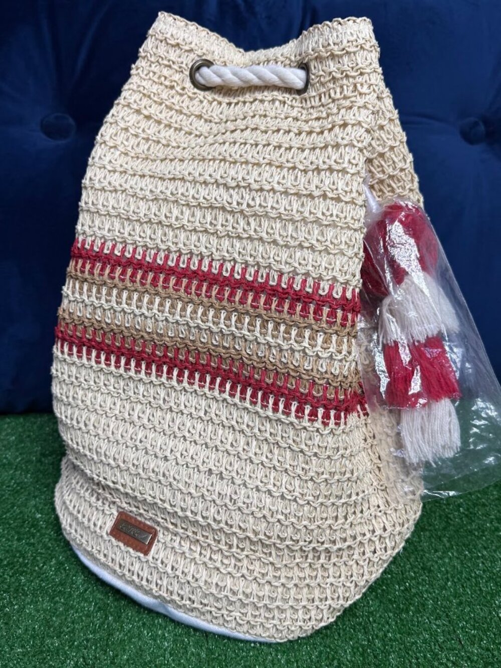 Sand N Sun Striped Natural Straw Woven Bucket Bag Tassels Drawstring Boho NEW